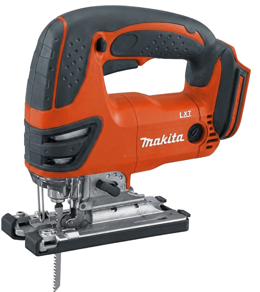 An orange and black Makita LXT cordless jigsaw with a mounted saw blade, isolated against a white background.
