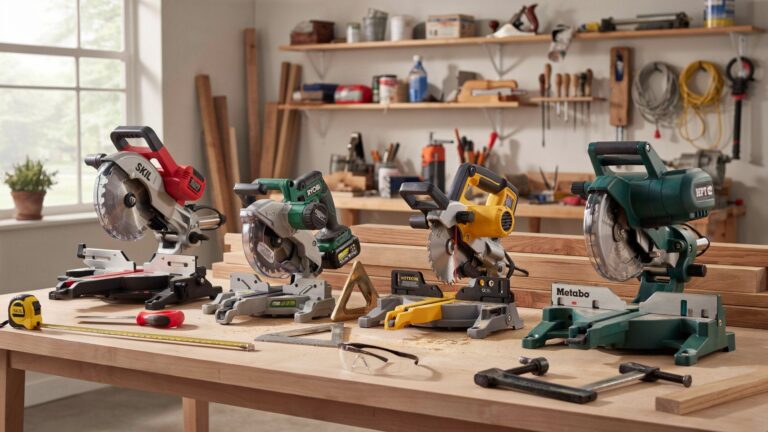Best miter saw comparison featuring four premium miter saws in a professional woodworking workshop