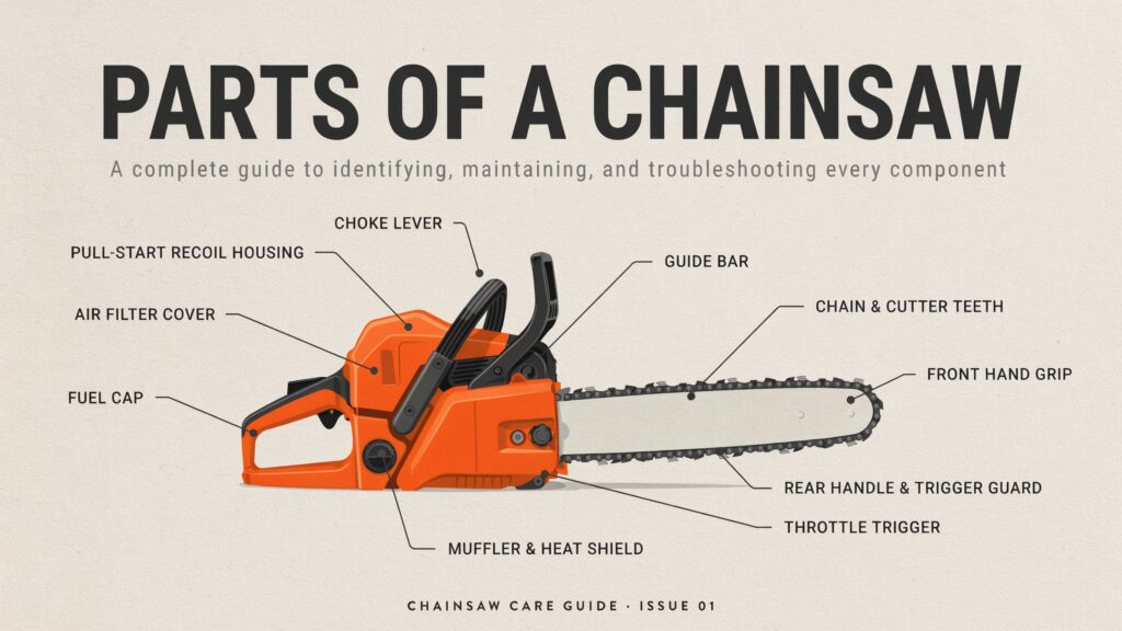 Parts of a chainsaw labeled to show the main components and their functions.