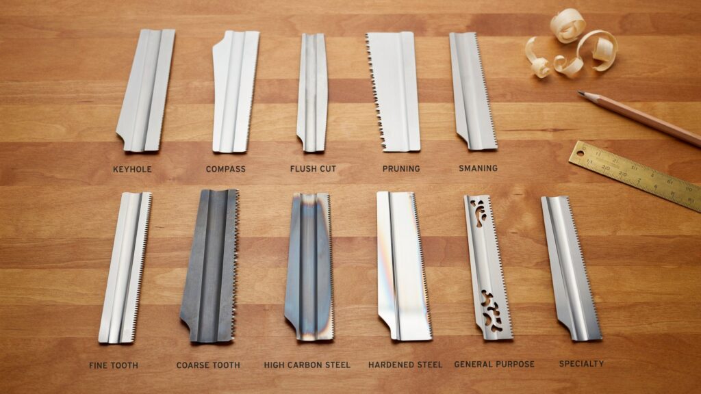 Hand saw blades for wood showing keyhole, compass, flush cut, pruning, fine-tooth, coarse-tooth, and specialty blade types.
