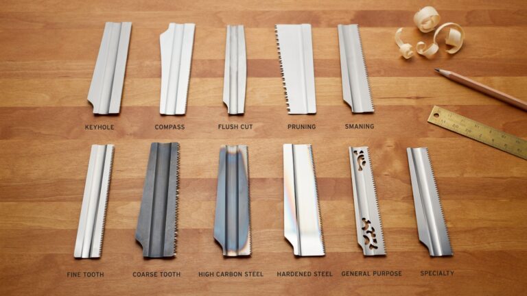 Hand saw blades for wood showing keyhole, compass, flush cut, pruning, fine-tooth, coarse-tooth, and specialty blade types.